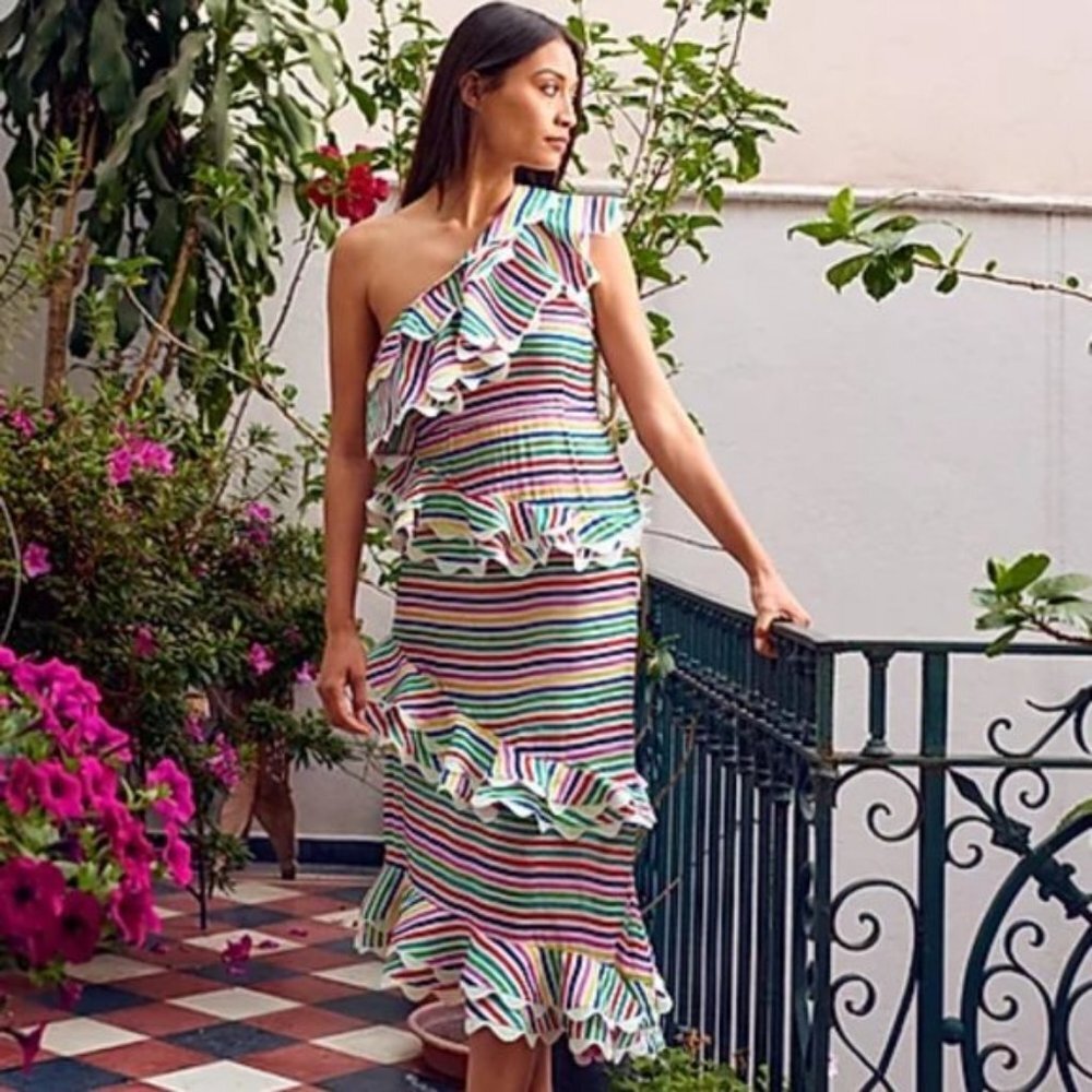 CeliaB Rainbow Striped One Shoulder Ruffle Midi Dress Medium
